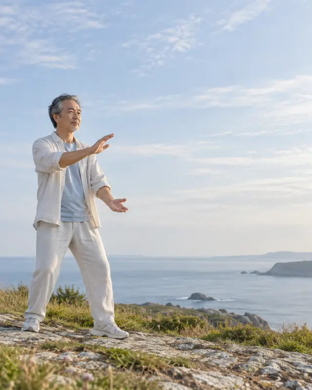 Un homme pratique le Tai Chi au bord de la mer, dans la lumière douce du matin.