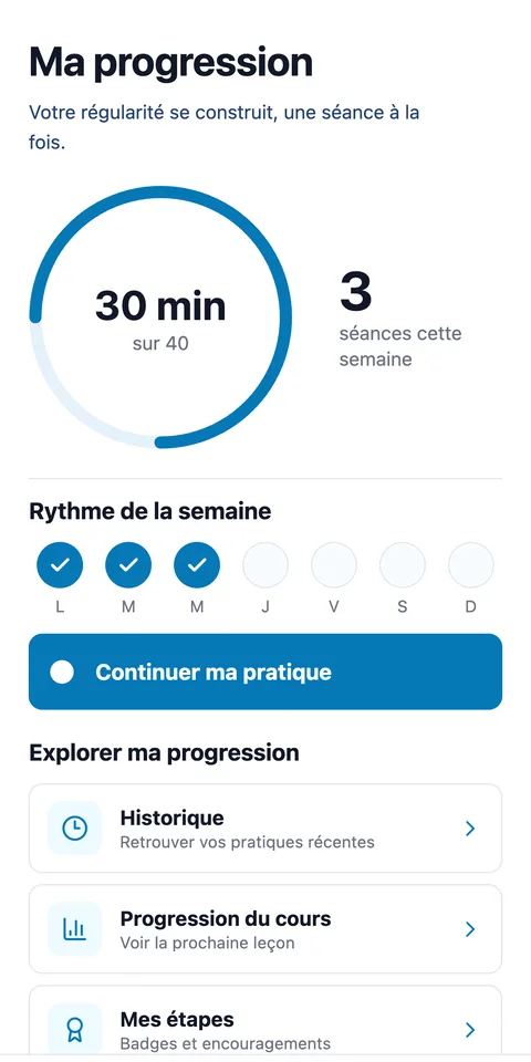 Écran « Ma progression » de l’app UNITY Now (données de démonstration)