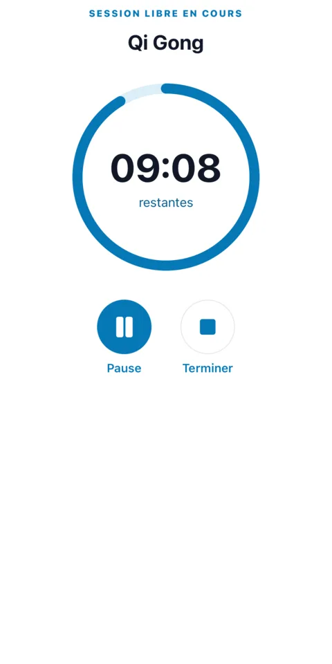 Écran du timer pendant une séance de Qi Gong : 9 minutes 8 secondes restantes, boutons Pause et Terminer.