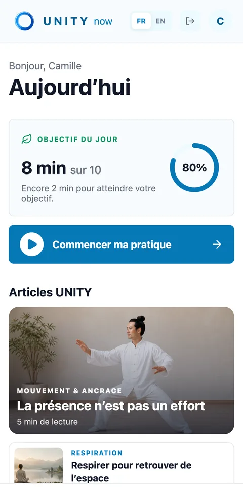 Écran « Aujourd’hui » de l’app UNITY Now