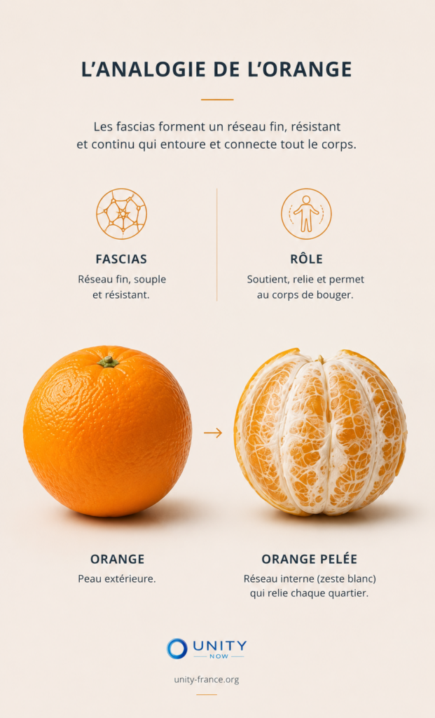 Illustration expliquant les fascias avec l’analogie de l’orange : réseau interne reliant les muscles, articulations et tissus du corps humain.