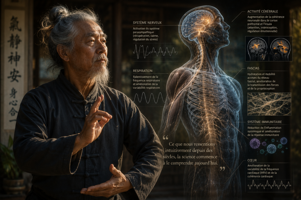 Illustration mêlant maître de Tai Chi et visualisation scientifique du corps humain montrant les effets du Tai Chi sur le système nerveux, les fascias, la respiration, le cerveau et la régulation du stress.
