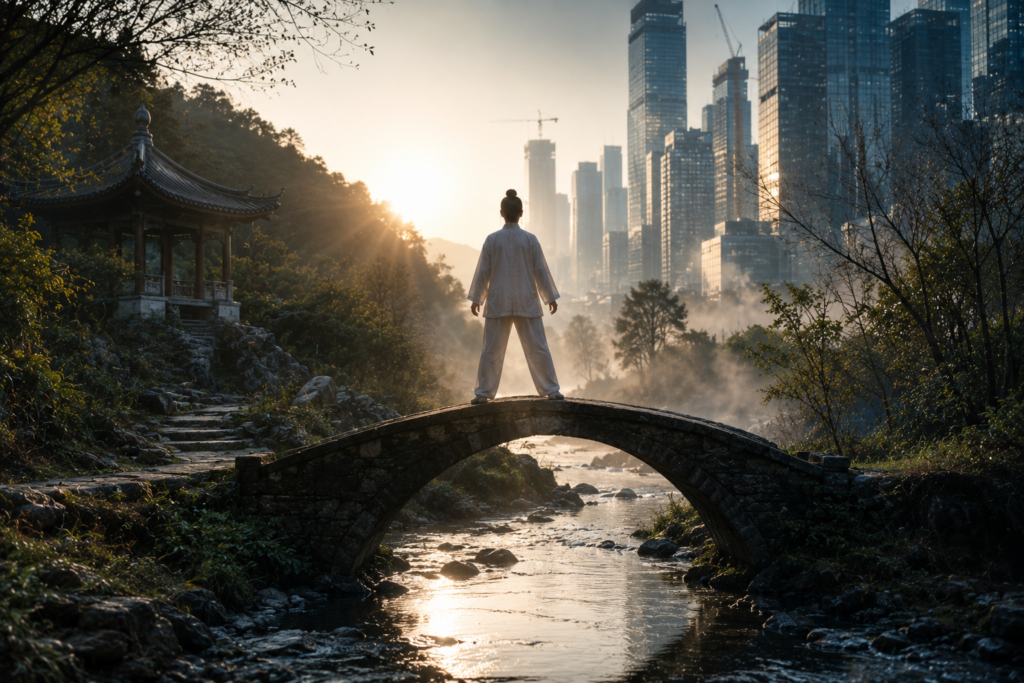 Pratiquant de Tai Chi debout sur un pont entre nature traditionnelle et ville moderne illustrant l’équilibre entre monde moderne, présence et harmonie intérieure.