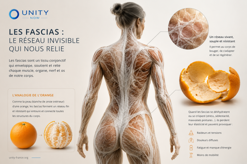 Illustration pédagogique des fascias dans le corps humain montrant le réseau de tissus conjonctifs reliant muscles, organes et articulations, avec une analogie visuelle de l’orange pour expliquer leur structure.