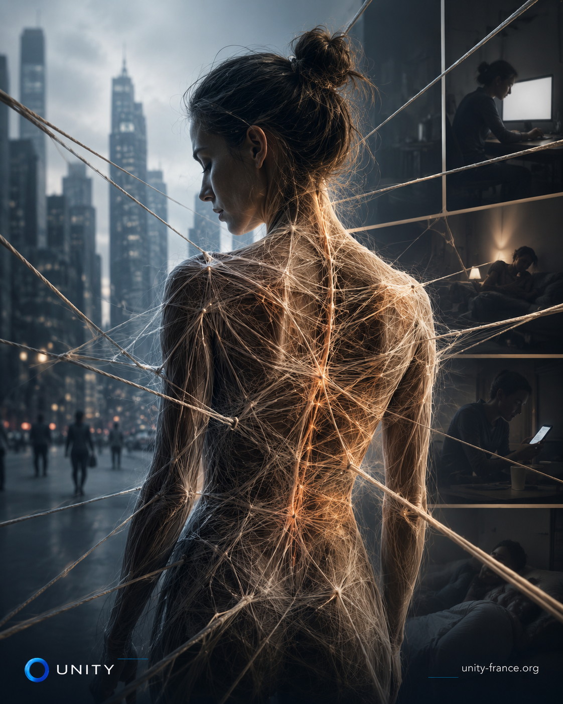 Illustration artistique du réseau des fascias se rigidifiant sous l’effet du stress, des écrans, de la posture statique et du mode de vie moderne.