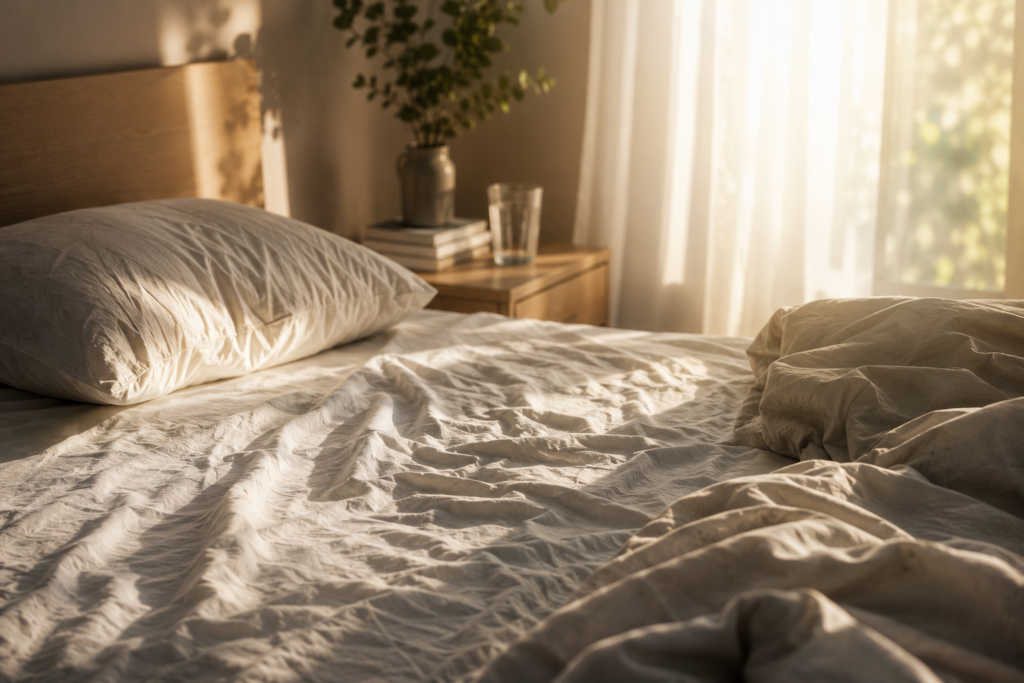 Chambre minimaliste avec lit défait au réveil illustrant la fatigue corporelle, les tensions musculaires et la raideur matinale liées au stress et aux fascias.