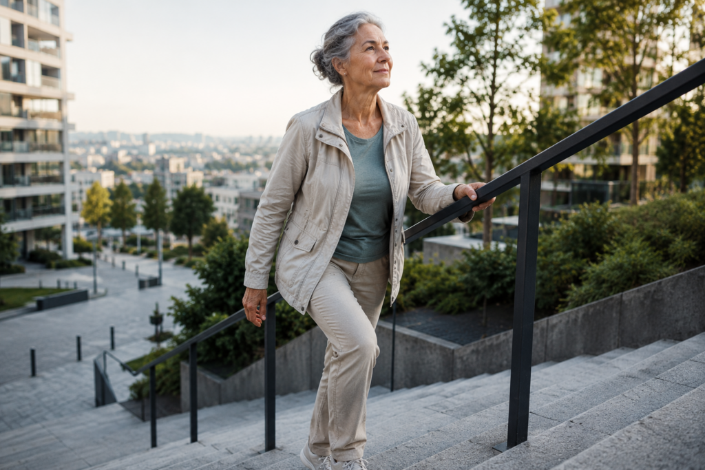 Femme senior active montant des escaliers en ville illustrant la mobilité, l’équilibre, l’autonomie et le vieillissement en bonne santé.