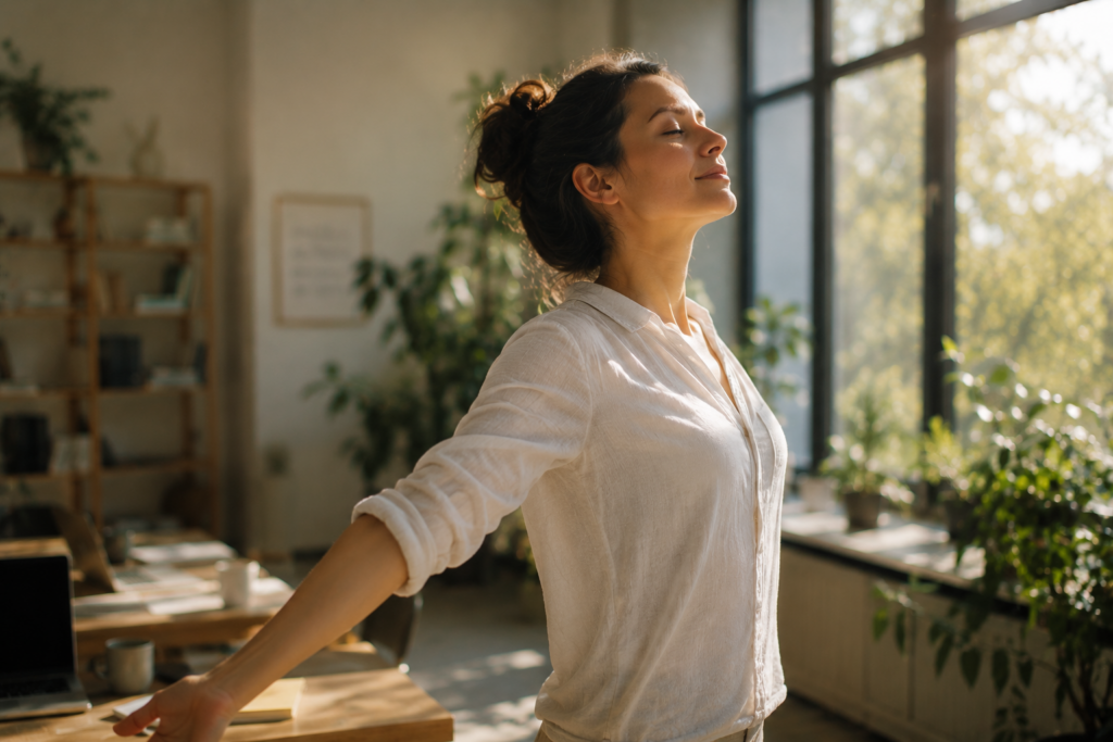 Femme prenant une respiration profonde dans un bureau lumineux illustrant la régulation du stress, le bien-être au travail et l’importance des pauses respiratoires.