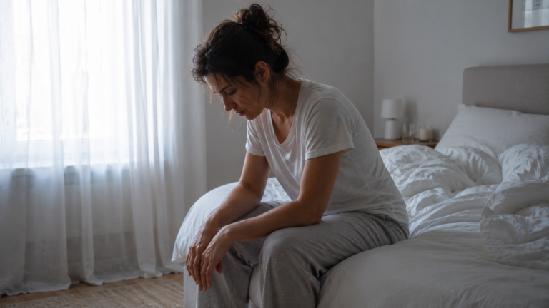 Femme fatiguée assise sur son lit au réveil illustrant la raideur corporelle matinale, le stress chronique et le rôle des fascias dans les tensions du corps.