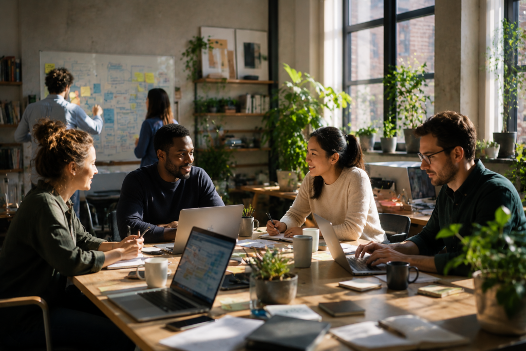 Équipe collaborative travaillant dans un environnement de bureau lumineux et apaisé illustrant le bien-être au travail, la créativité et une performance collective équilibrée.
