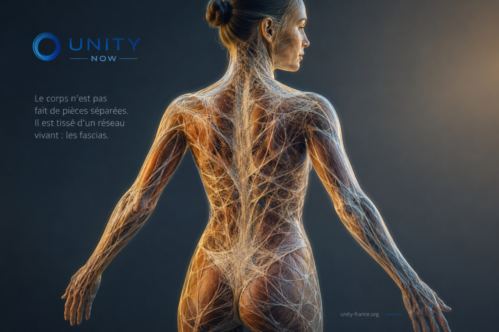 Illustration artistique du réseau des fascias parcourant le corps humain et reliant muscles, tissus et posture.