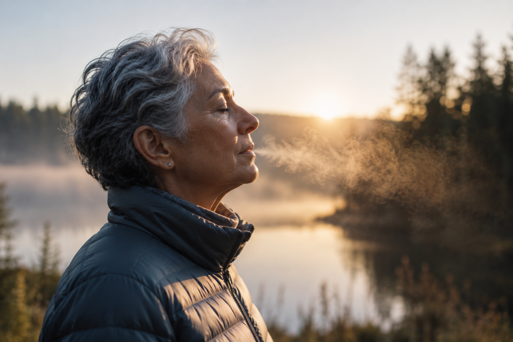 Femme respirant profondément dans la nature au lever du soleil illustrant les effets de la respiration consciente sur le stress, le système nerveux et l’apaisement mental.