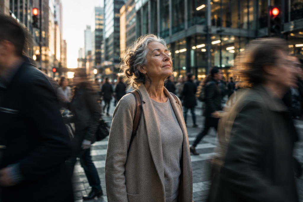 Femme respirant calmement au milieu d’une ville animée illustrant la gestion du stress, la présence et la régulation du système nerveux dans un environnement urbain moderne.