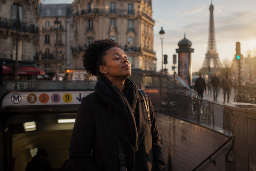 Femme respirant profondément à la sortie du métro parisien après une journée stressante, illustrant le retour au calme et la réduction du stress chronique.