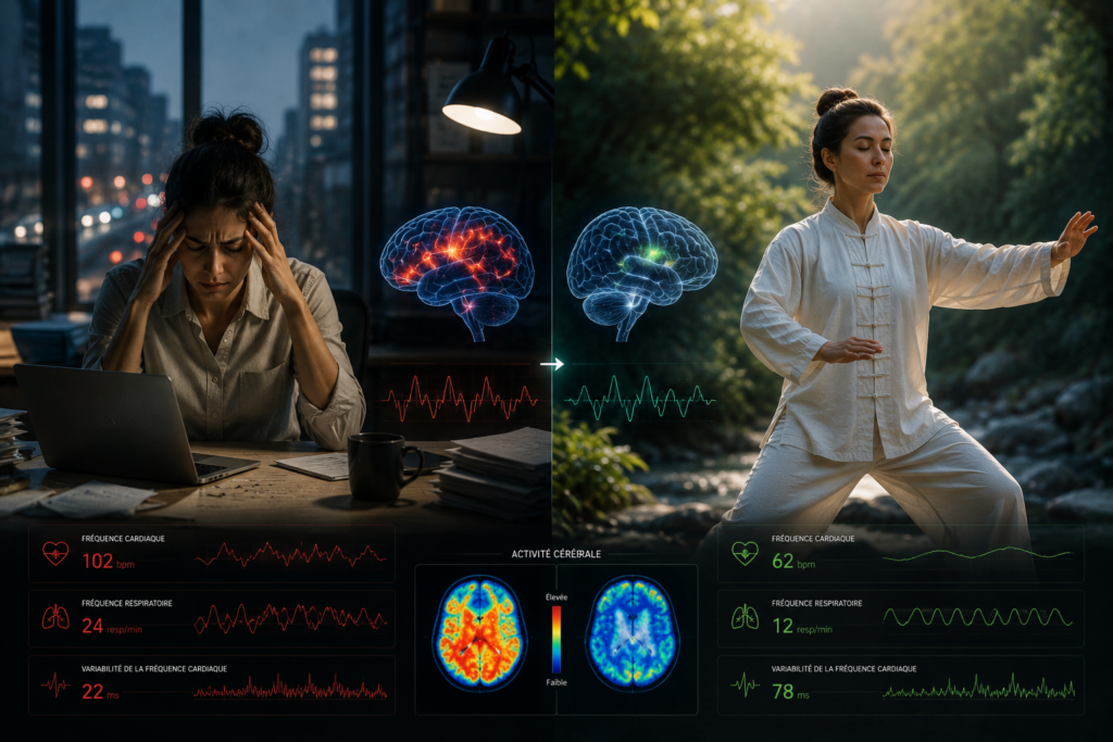 Comparaison visuelle entre un état de stress chronique et un état de calme après pratique du Tai Chi montrant les effets sur le cerveau, la respiration, le rythme cardiaque et le système nerveux.