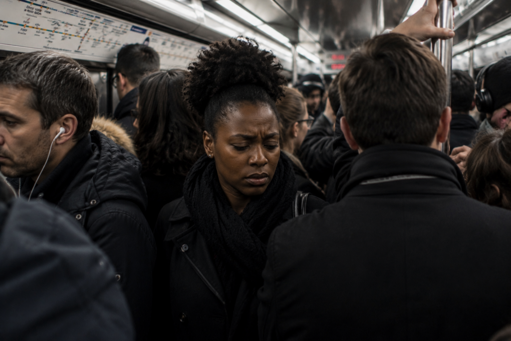 Femme épuisée et stressée dans un métro parisien bondé pendant les heures de pointe, illustrant le stress chronique du quotidien.