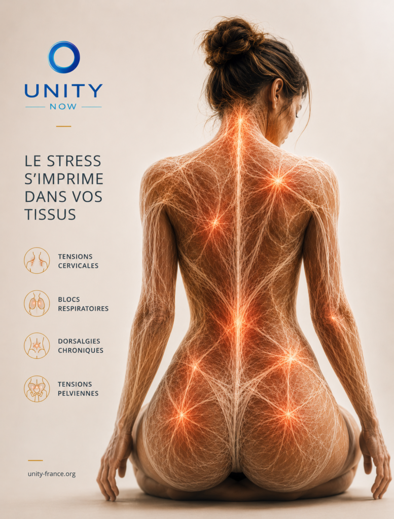 Illustration du réseau des fascias dans le corps humain montrant les zones de tensions liées au stress, à la respiration et aux douleurs chroniques.