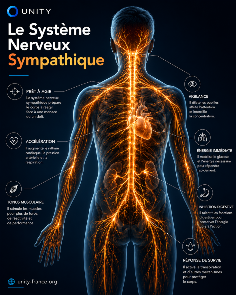 Illustration anatomique du système nerveux sympathique montrant son activation dans le corps humain face au stress et à l’état d’alerte.
