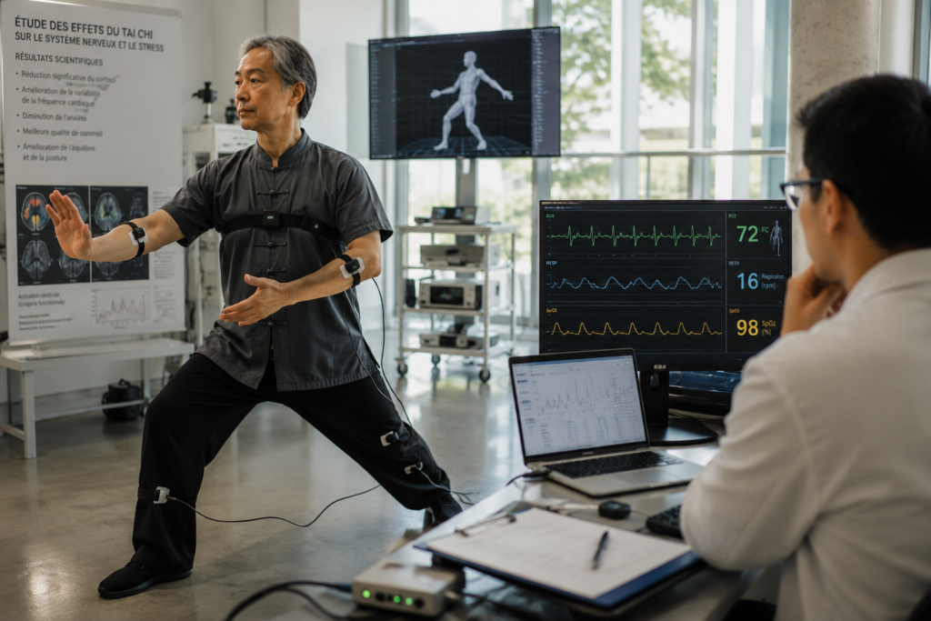 Illustration réaliste d’une étude scientifique sur les effets du Tai Chi sur le système nerveux et le stress avec capteurs biométriques et analyse physiologique en laboratoire.