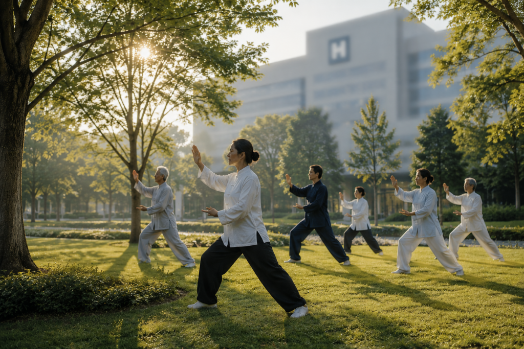 Pratique collective de Tai Chi dans un parc devant un hôpital illustrant l’intérêt croissant du milieu médical pour les bienfaits du Tai Chi sur la santé et le stress.