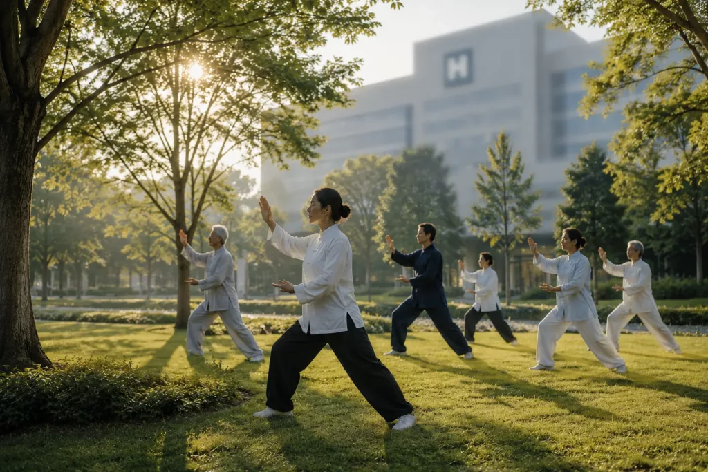 Pratique collective de Tai Chi dans un parc devant un hôpital illustrant l’intérêt croissant du milieu médical pour les bienfaits du Tai Chi sur la santé et le stress.
