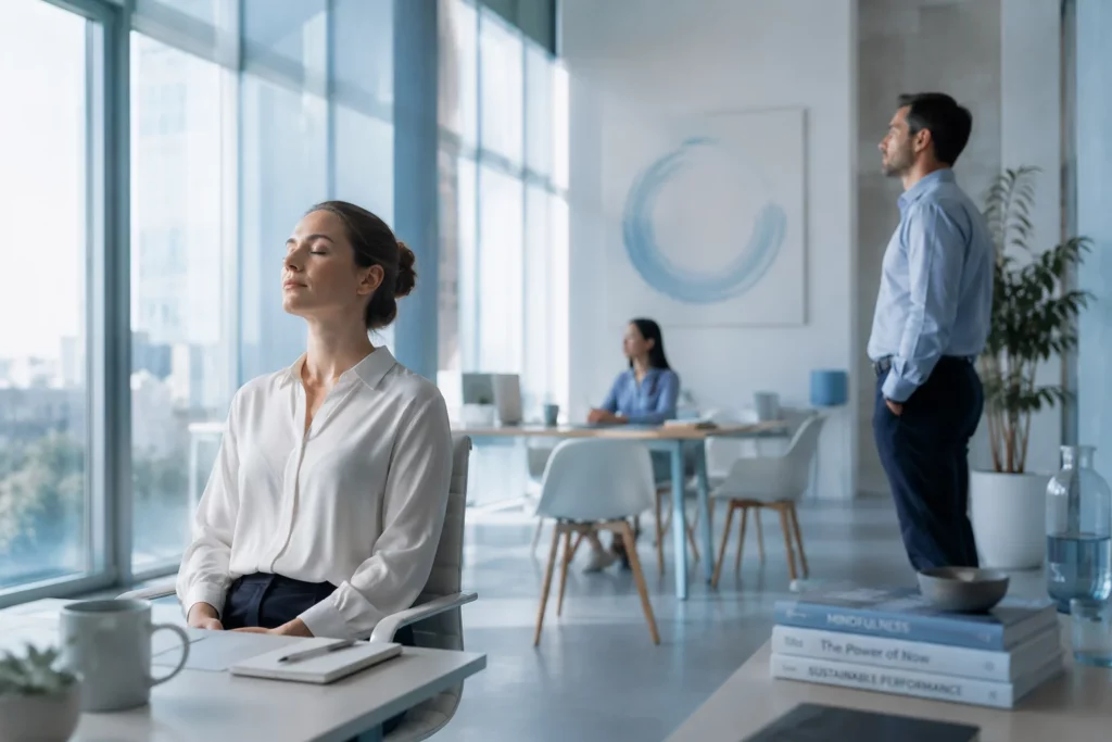 Collaborateurs pratiquant un moment de respiration et de recentrage inspiré du Tai Chi dans un bureau moderne lumineux afin de réduire le stress et améliorer la présence au travail
