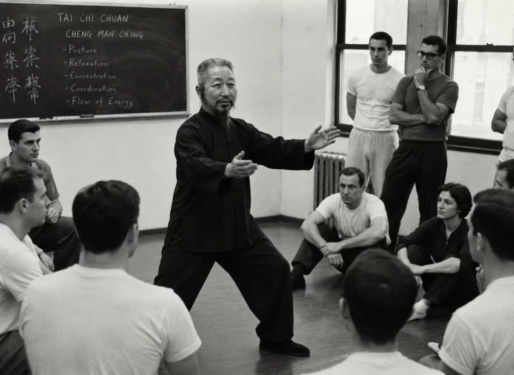 Maître Zheng Manqing enseignant le Tai Chi Chuan à des élèves occidentaux américains lors d’un cours traditionnel aux États-Unis