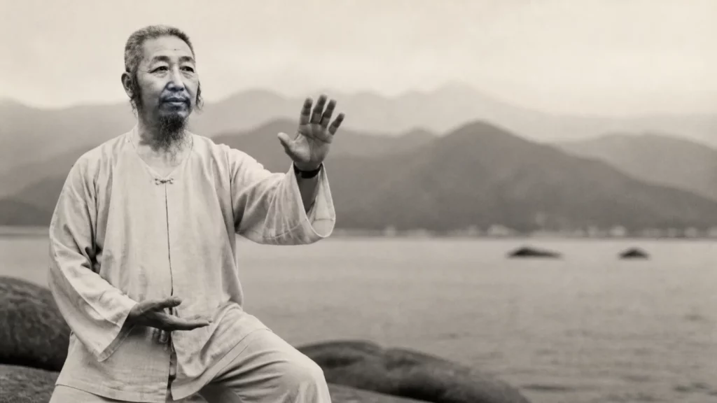 Portrait artistique du maître Zheng Manqing (Cheng Man-ch'ing), célèbre maître chinois de Tai Chi Chuan style Yang, en photographie ancienne noir et blanc devant un paysage traditionnel chinois.
