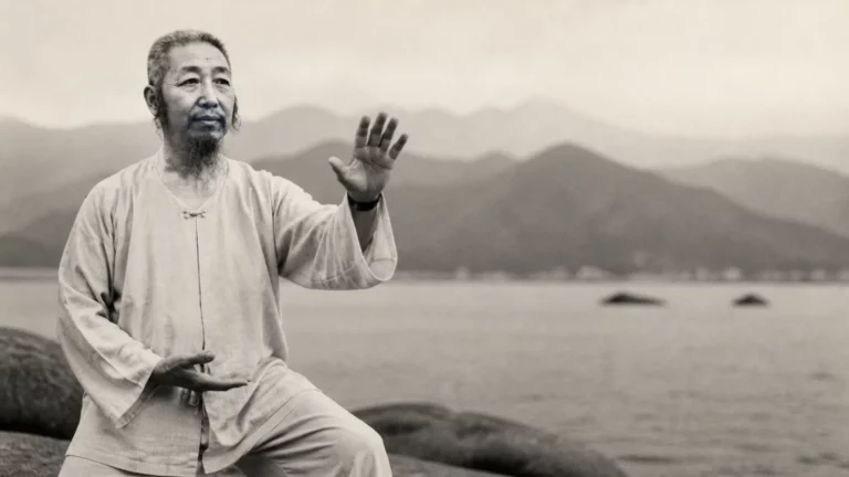 Portrait artistique du maître Zheng Manqing (Cheng Man-ch'ing), célèbre maître chinois de Tai Chi Chuan style Yang, en photographie ancienne noir et blanc devant un paysage traditionnel chinois.
