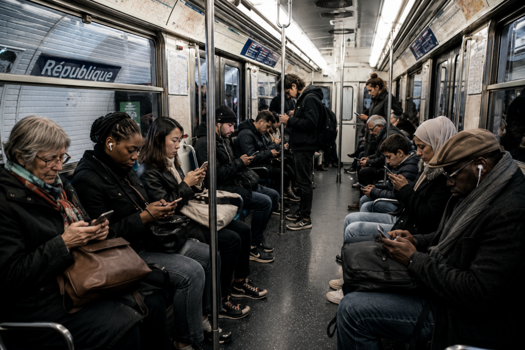 Passagers de différents âges et origines utilisant tous leur smartphone dans une rame du métro parisien.