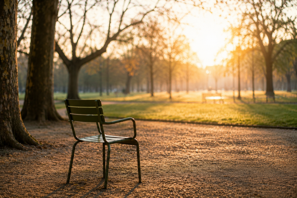 Chaise vide dans un parc au lever du soleil symbolisant la présence, le calme intérieur et l'attention au moment présent.