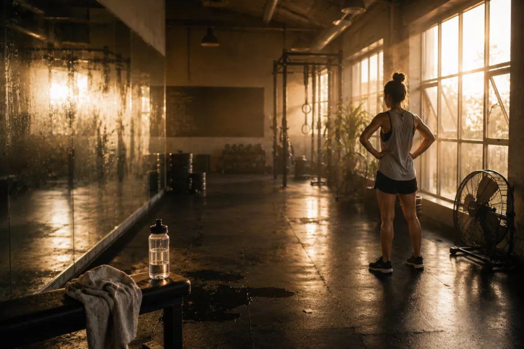Salle de sport surchauffée pendant une canicule, avec lumière intense, miroir embué, serviette humide et bouteille d’eau, illustrant l’effort supplémentaire que le corps fournit pour se réguler face à la chaleur.