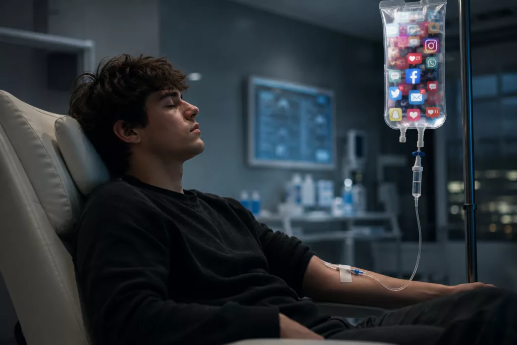 Personne recevant une perfusion symboliquement remplie de notifications et de réseaux sociaux illustrant l'économie de l'attention et l'impact du numérique sur notre concentration.