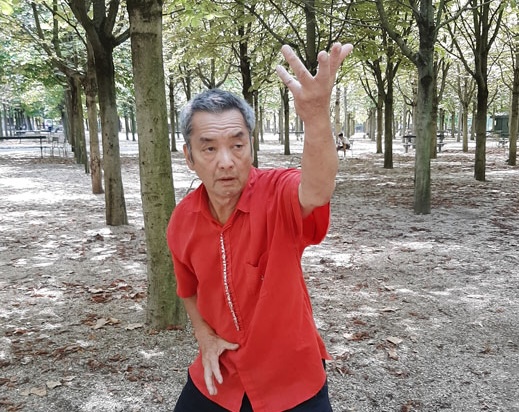 Maître Huang Ming Shan démontrant une posture d'art martial interne chinois dans un parc.