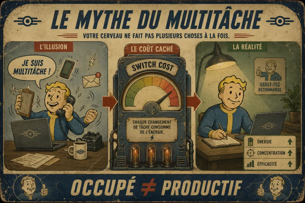 Affiche rétro-futuriste illustrant le coût cognitif du multitâche et l'impact du switch cost sur l'attention, l'énergie mentale et la productivité.