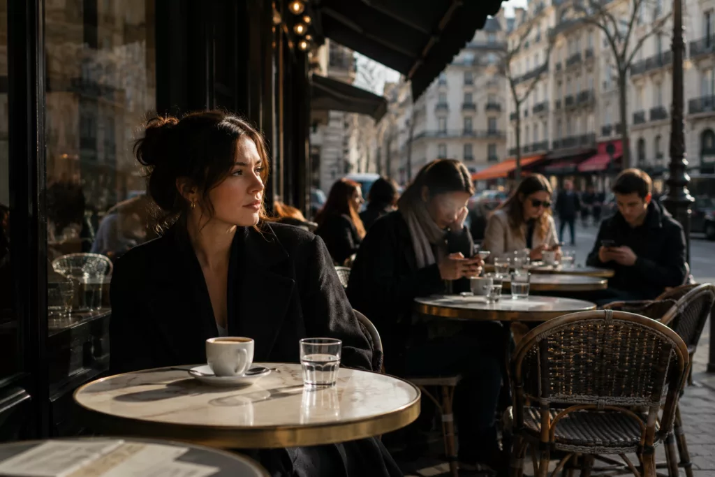Femme marchant attentivement dans une rue parisienne tandis que les autres passants regardent leur smartphone, illustrant la présence à l’instant présent et la concentration dans un monde saturé de distractions.