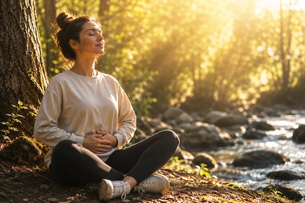 Personne assise au bord d'une rivière, baignée par la lumière du matin, pratiquant une respiration consciente favorisant le calme intérieur et la régulation du système nerveux.