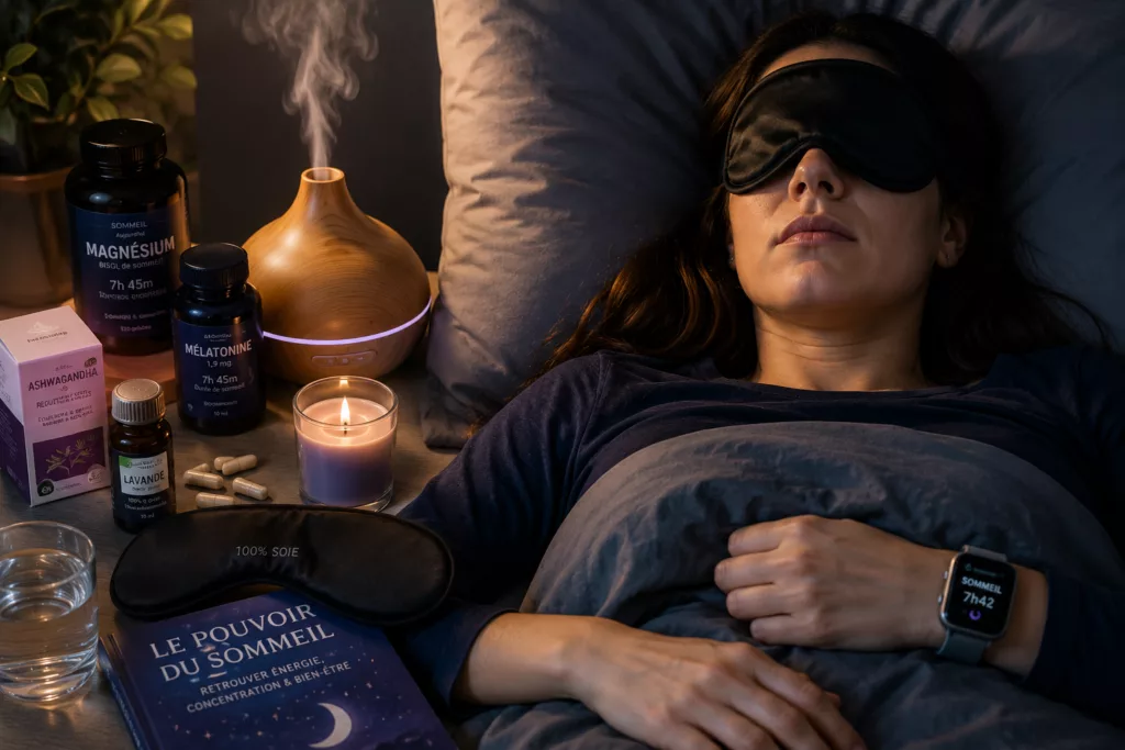 Femme au lit entourée d’objets de sleepmaxxing, dont masque de sommeil, montre connectée, compléments et diffuseur, illustrant la difficulté à trouver le sommeil.