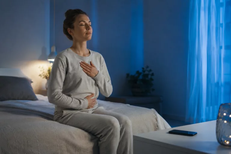 Personne pratiquant une respiration calme avant le coucher pour favoriser la récupération et la régulation du système nerveux.