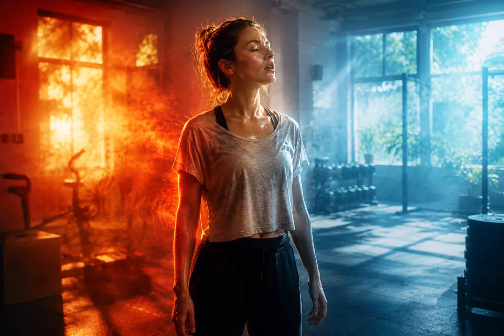 Femme en salle de sport entre une zone rouge de chaleur intense et une zone bleue plus fraîche, illustrant les risques liés aux efforts physiques intenses pendant une canicule.