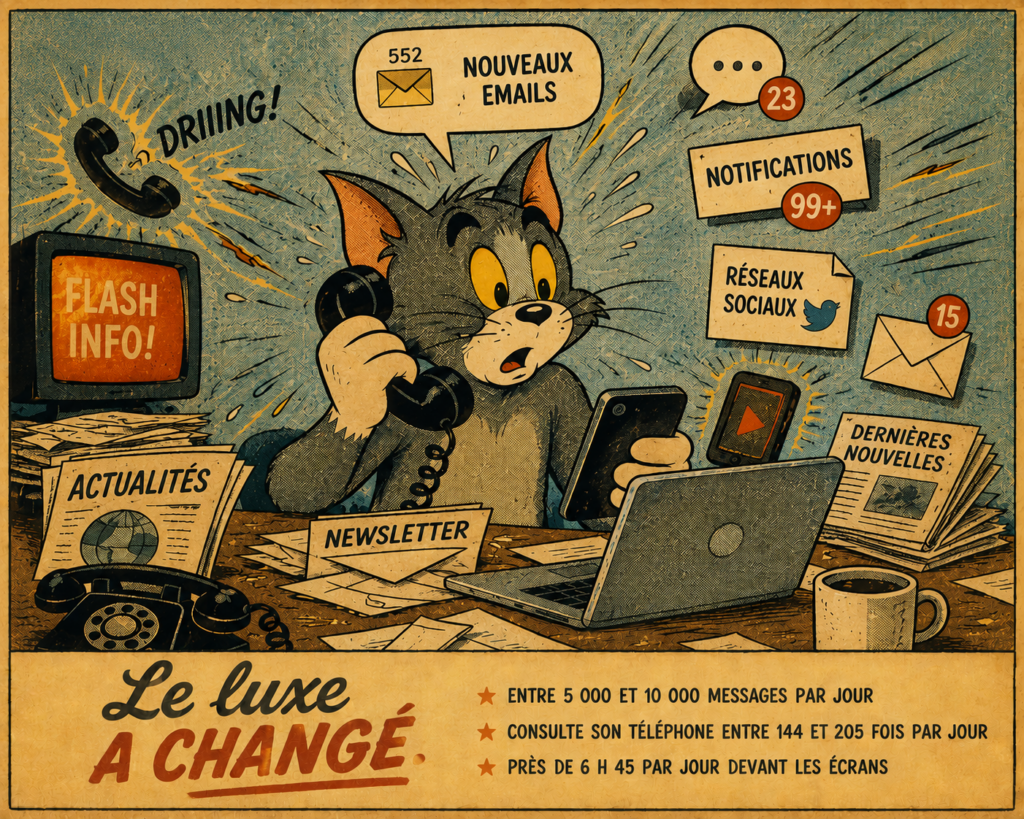 Illustration montrant la surcharge informationnelle moderne avec emails, notifications, actualités et réseaux sociaux sollicitant constamment notre attention.