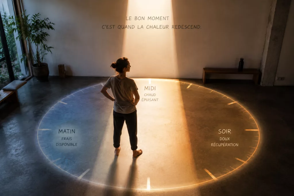 Personne debout dans un studio minimaliste face à une horloge lumineuse au sol indiquant le matin, le midi et le soir, illustrant l’importance de pratiquer le Tai Chi ou le Qi Gong aux heures les plus fraîches pendant une canicule.