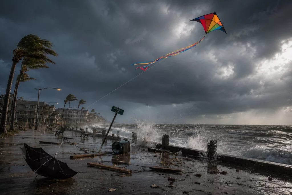 Un cerf-volant s'élève dans une violente tempête tandis que le vent renverse un parapluie et projette des débris, illustrant le principe du Tai Chi consistant à utiliser la force plutôt qu'à lui résister.